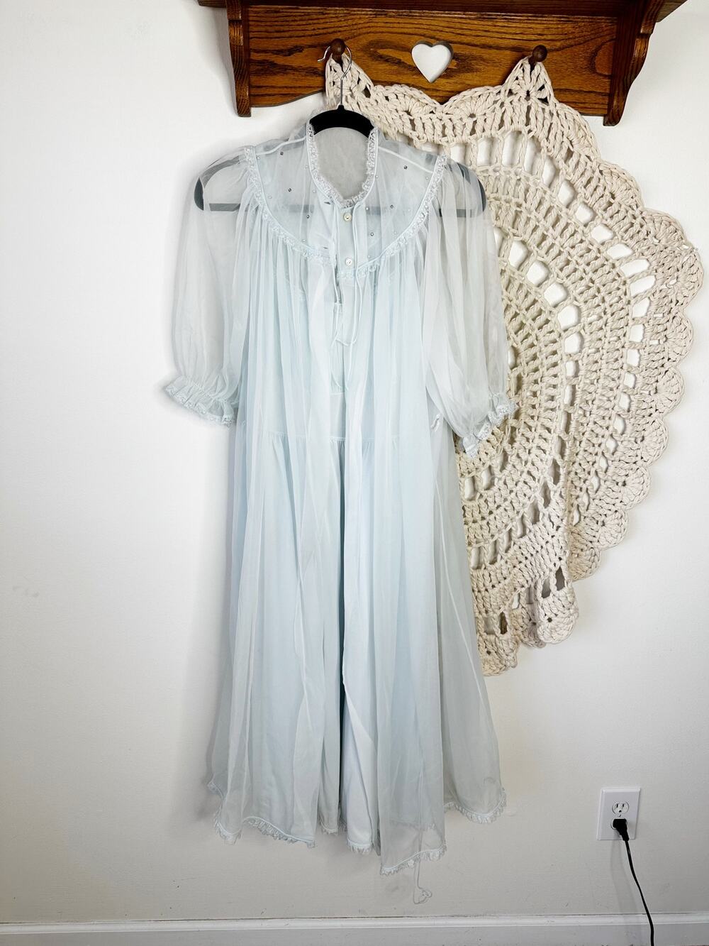 Shadowline Vintage 60s Ice Blue Pastel Puff Sleeve Peignoir Nightie Robe Set M
